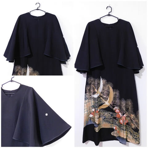 着物リメイク　ラウンドネック・ロングドレス　大きいサイズ 大きいサイズの留袖リメイクドレスー３８ - 留袖ドレス・着物ドレス