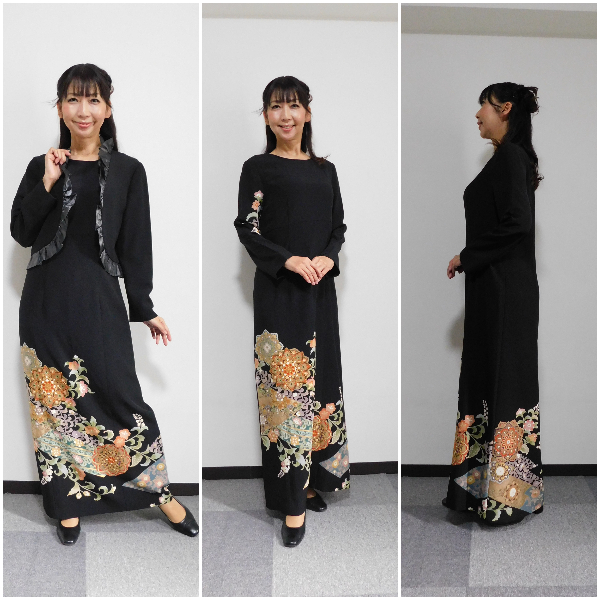 超ロングドレス黒留袖リメイク正絹ボレロ付き 黒留袖リメイク ボレロ